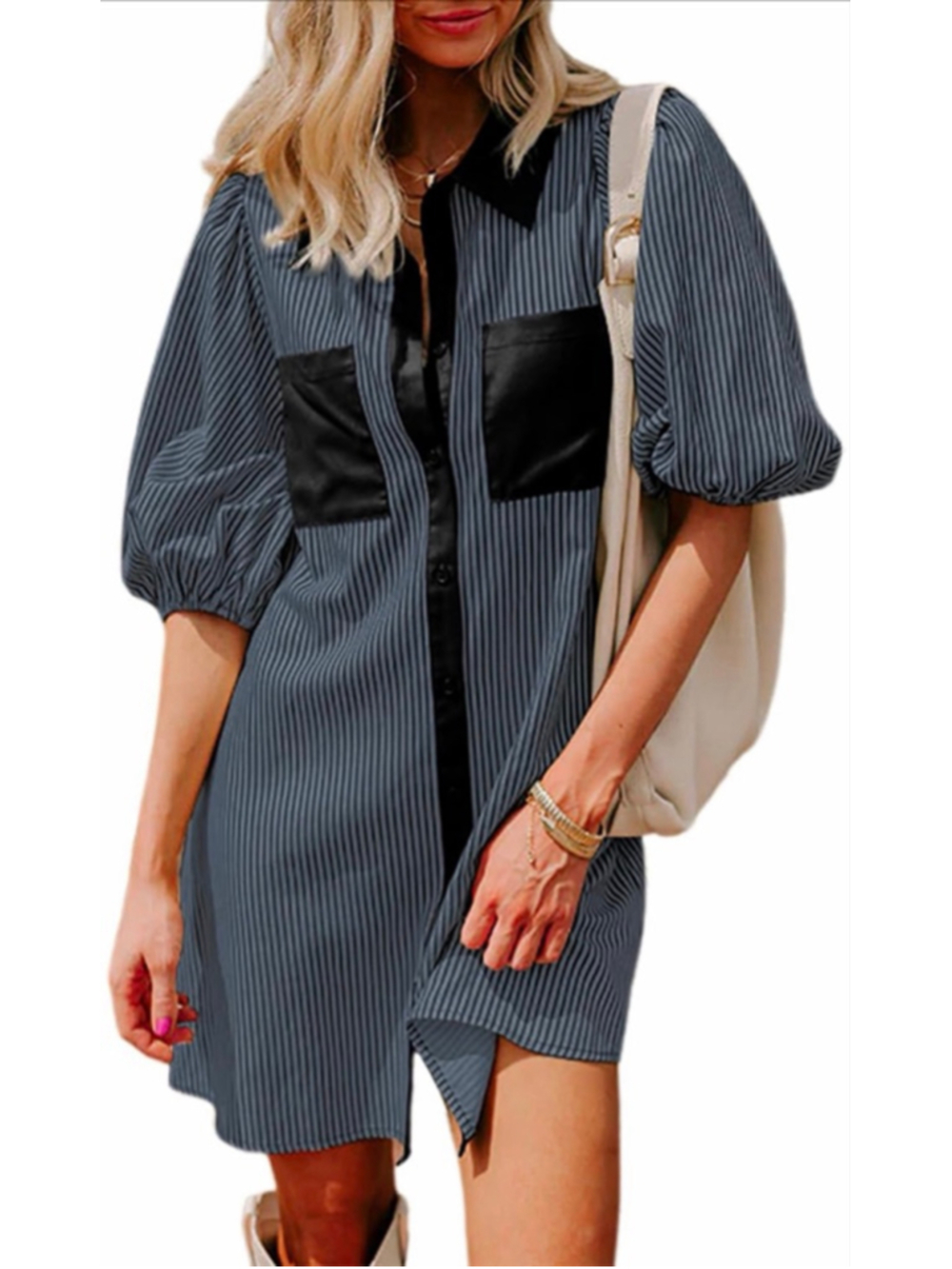 NEW V Neck Short Sleeve Button Down Striped Dress L